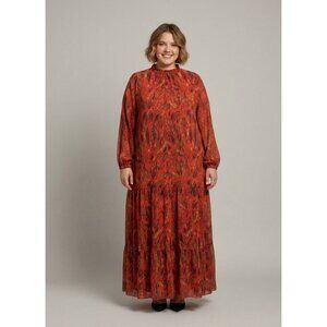 Women's Rust Print Tiered Maxi Dress with Long Sleeves